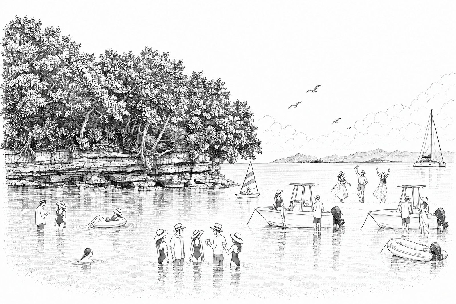 Illustration à l'encre : bateaux arrêtés autour d'un banc de sable, amis qui trinquent dans l'eau et dansent près d'un îlet boisé