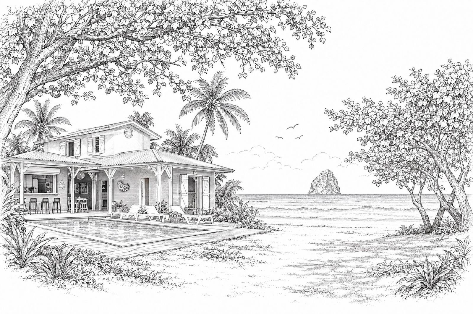 Illustration à l'encre : maison créole avec piscine sous les arbres, la plage et le Rocher du Diamant à l'horizon